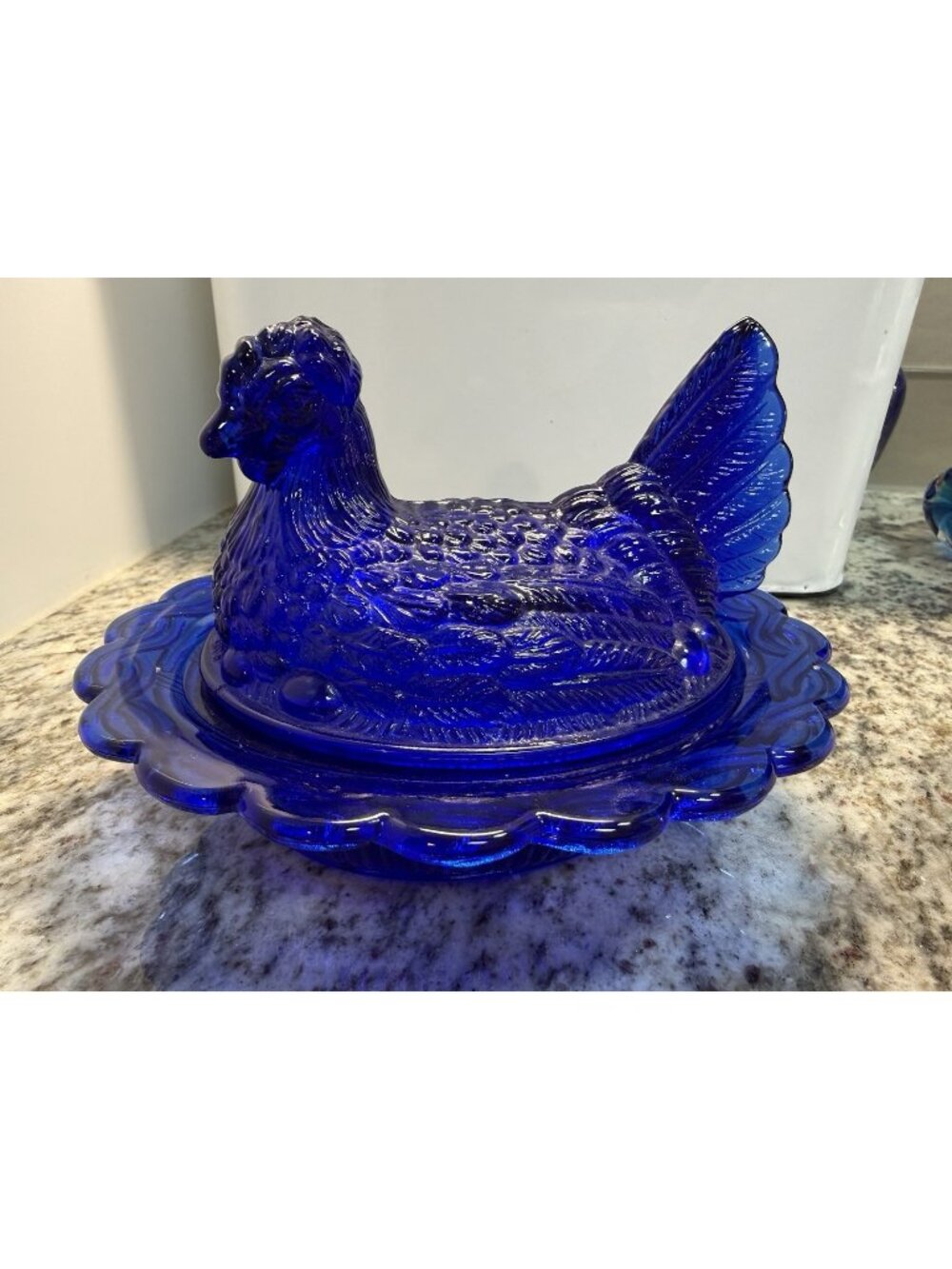 Vintage Mosser Cobalt Blue Hen Chicken on Nest SPLIT TAIL Covered Dish Farmhouse